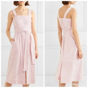 Vince Belted Linen-Blend Apron Midi Dress Pink 8